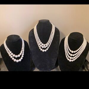 Vintage Lot of 3 Japan Faux Pearl Multi-Strand Necklaces &Earrings Stamped Japan
